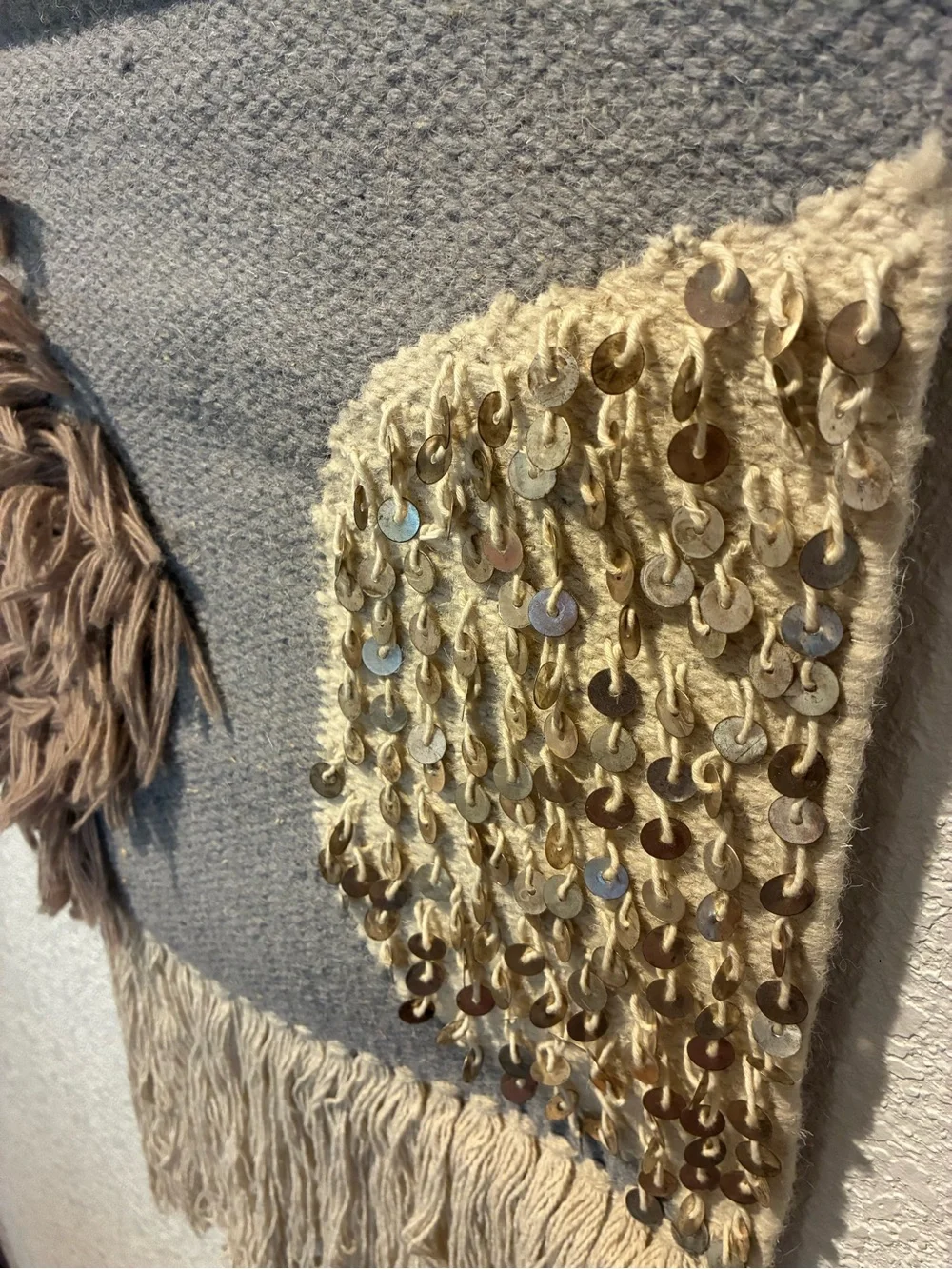 Anthropologie Gray and Beige Sequined Fringe Wall Tapestry